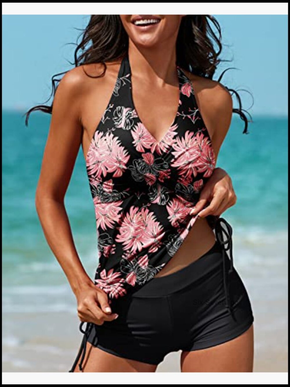 Two Piece Tankini Halter Padded Adjustable Drawstring Swimsuit with Boyshorts - Picture 3 of 7